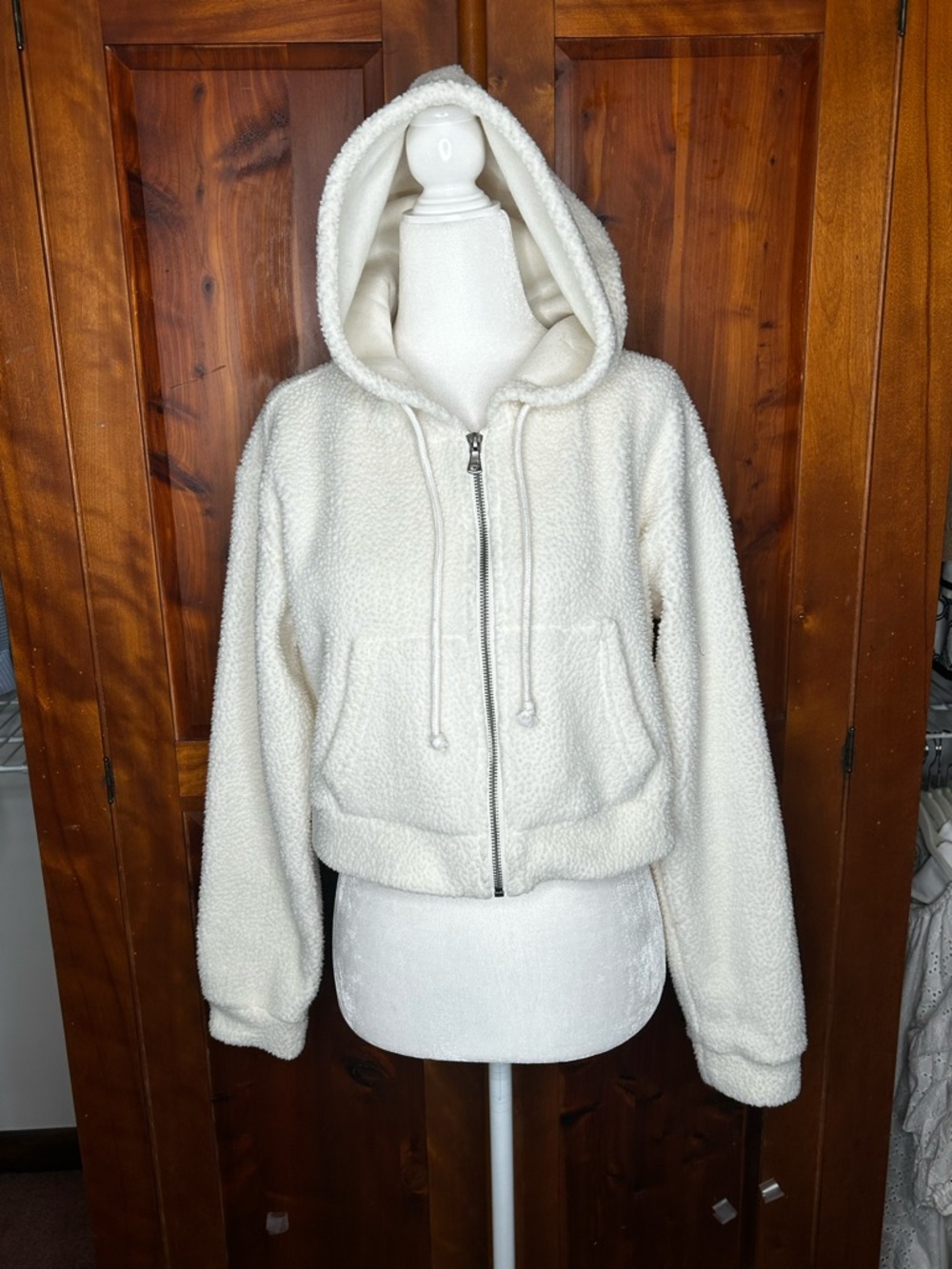 Double Zero Cropped Hooded Sherpa Teddy Front Zip Jacket Cottagecore Cozy